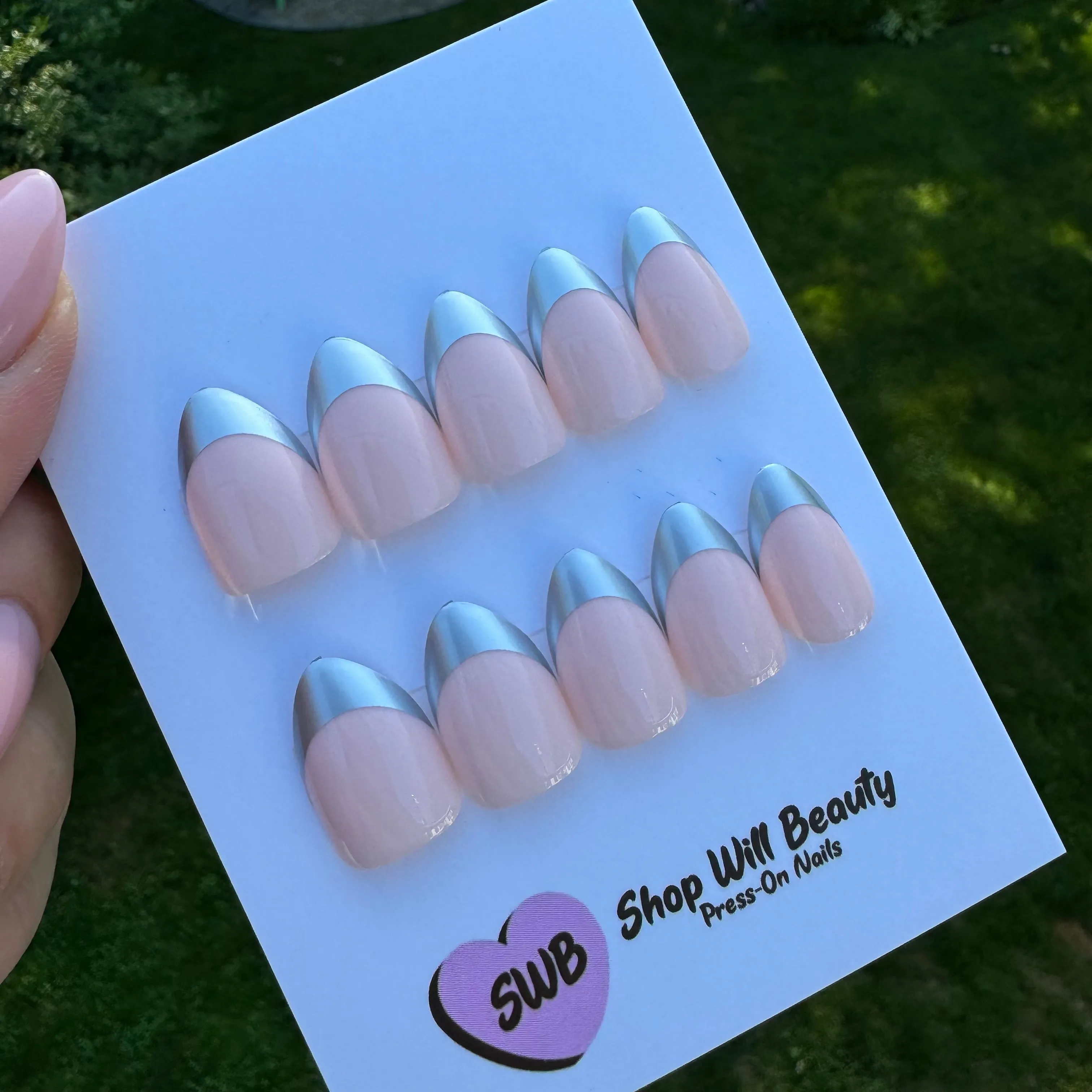 Silver Chrome French Almond Press On Nails