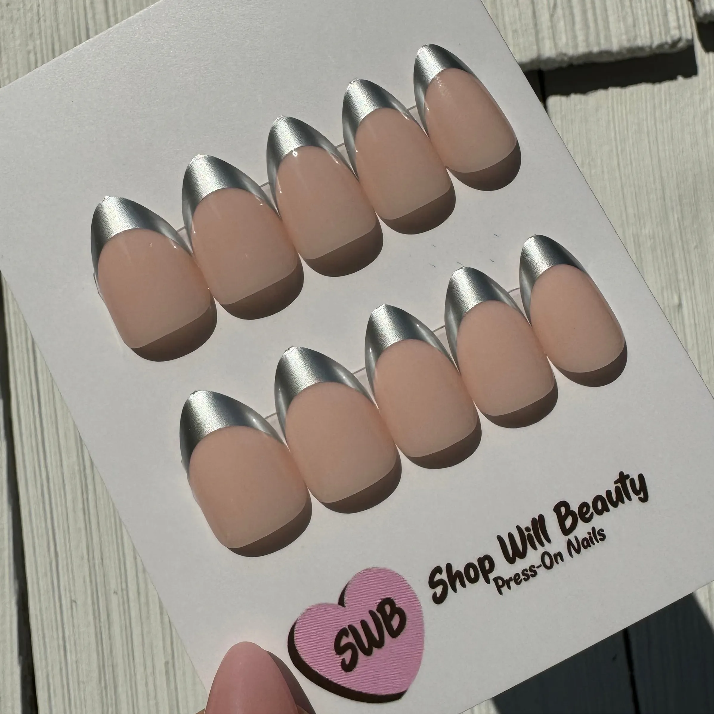 Silver Chrome French Almond Press On Nails