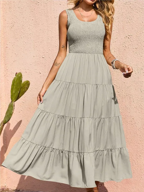 Smocked Bodice Maxi Dress with Tiered Skirt and Pleated Panels