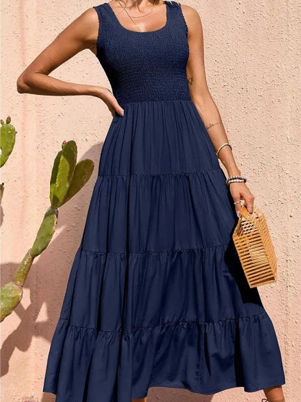 Smocked Bodice Maxi Dress with Tiered Skirt and Pleated Panels