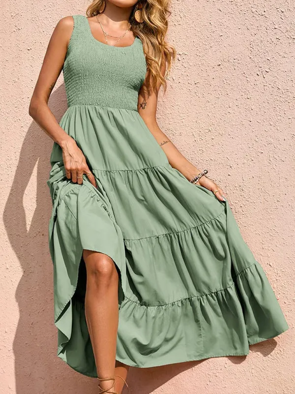 Smocked Bodice Maxi Dress with Tiered Skirt and Pleated Panels