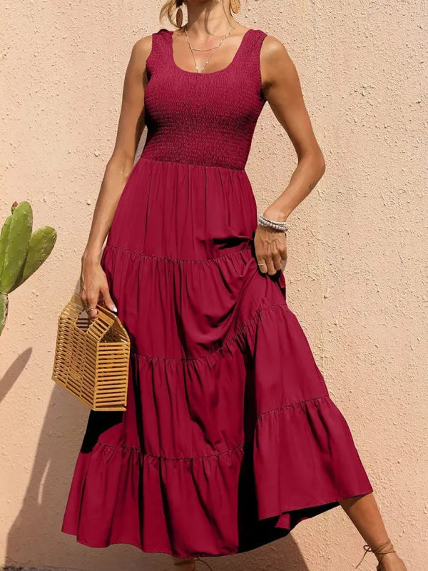 Smocked Bodice Maxi Dress with Tiered Skirt and Pleated Panels