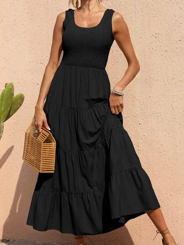 Smocked Bodice Maxi Dress with Tiered Skirt and Pleated Panels