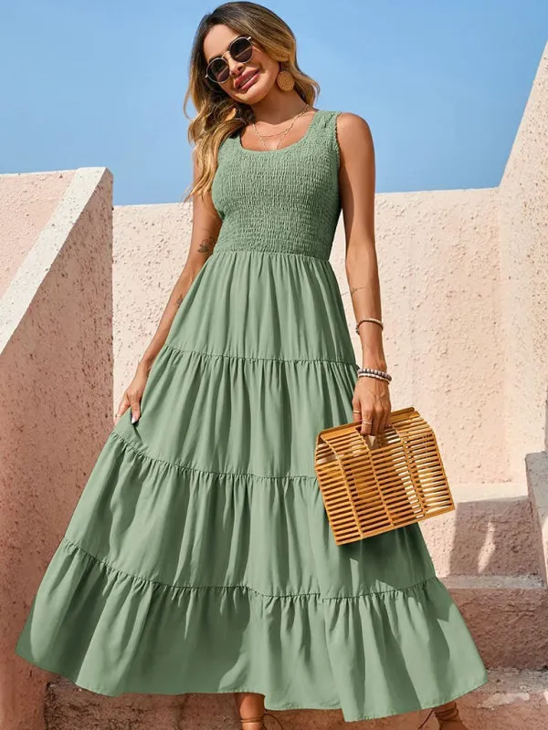Smocked Bodice Maxi Dress with Tiered Skirt and Pleated Panels