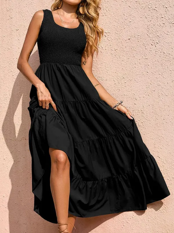 Smocked Bodice Maxi Dress with Tiered Skirt and Pleated Panels