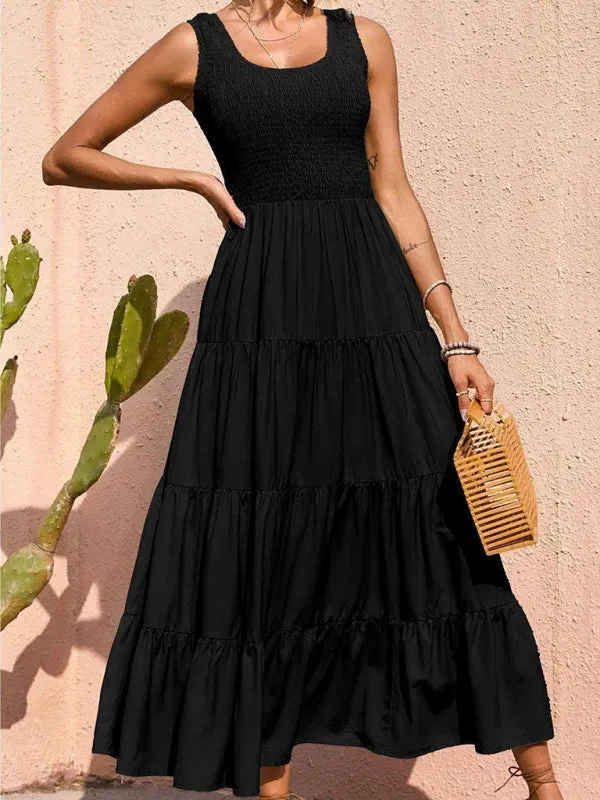Smocked Bodice Maxi Dress with Tiered Skirt and Pleated Panels