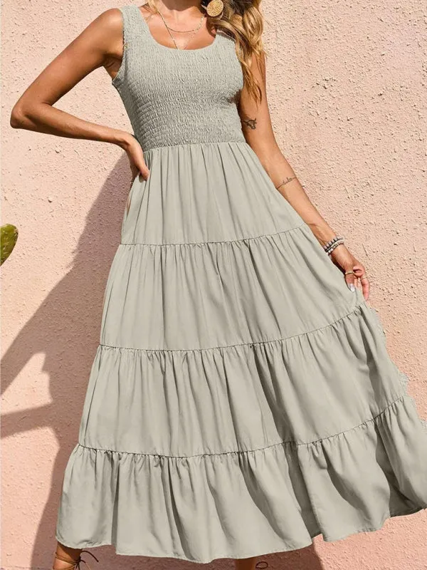 Smocked Bodice Maxi Dress with Tiered Skirt and Pleated Panels