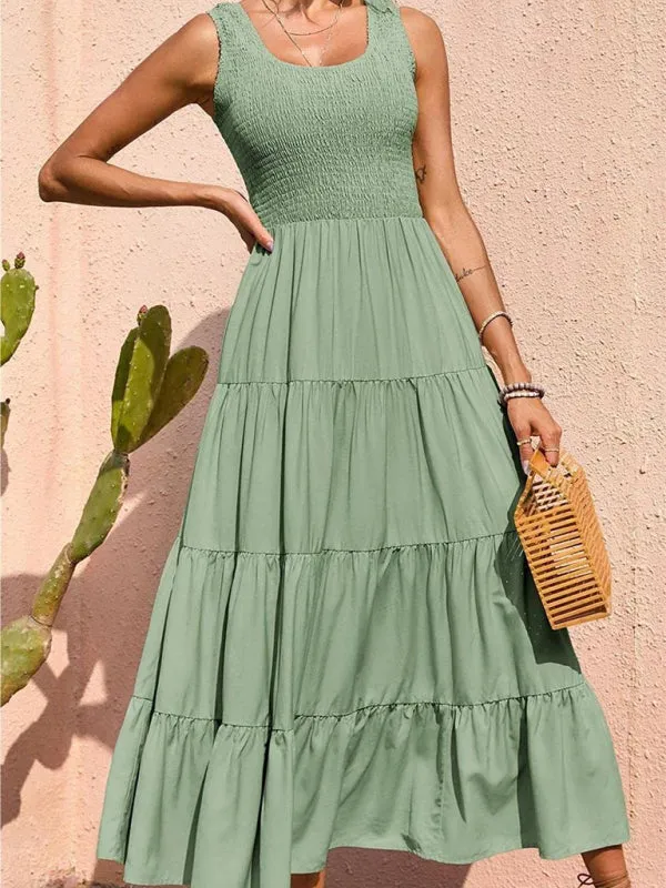 Smocked Bodice Maxi Dress with Tiered Skirt and Pleated Panels