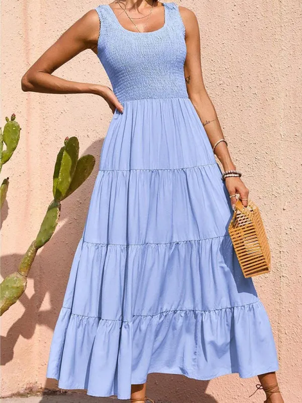 Smocked Bodice Maxi Dress with Tiered Skirt and Pleated Panels