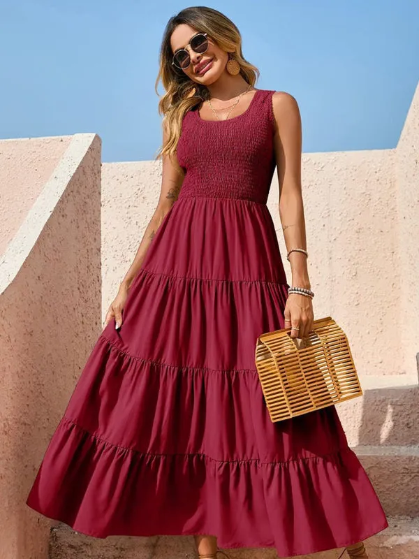 Smocked Bodice Maxi Dress with Tiered Skirt and Pleated Panels