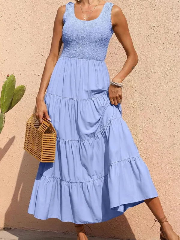 Smocked Bodice Maxi Dress with Tiered Skirt and Pleated Panels