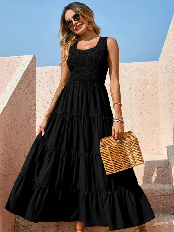 Smocked Bodice Maxi Dress with Tiered Skirt and Pleated Panels