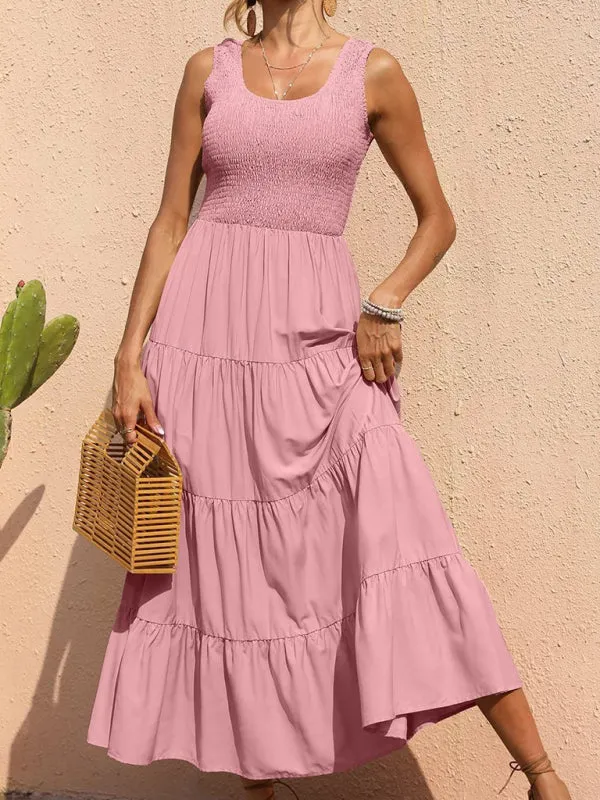 Smocked Bodice Maxi Dress with Tiered Skirt and Pleated Panels