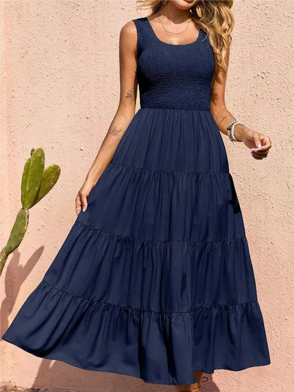 Smocked Bodice Maxi Dress with Tiered Skirt and Pleated Panels