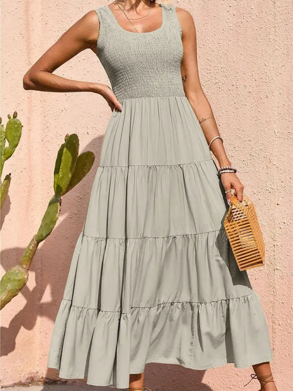 Smocked Bodice Maxi Dress with Tiered Skirt and Pleated Panels