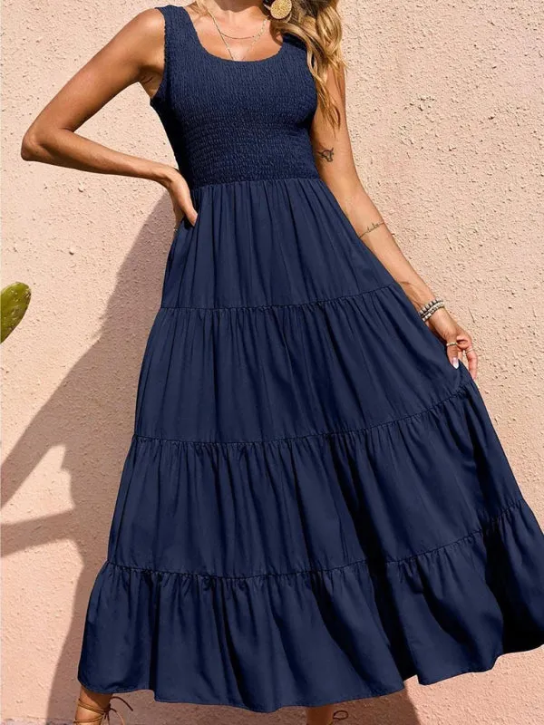 Smocked Bodice Maxi Dress with Tiered Skirt and Pleated Panels