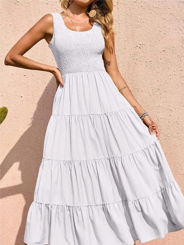 Smocked Bodice Maxi Dress with Tiered Skirt and Pleated Panels