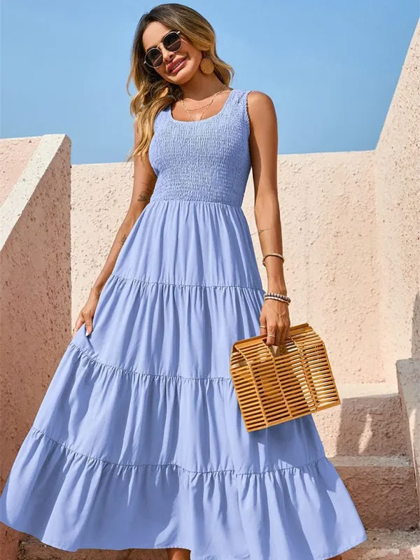 Smocked Bodice Maxi Dress with Tiered Skirt and Pleated Panels