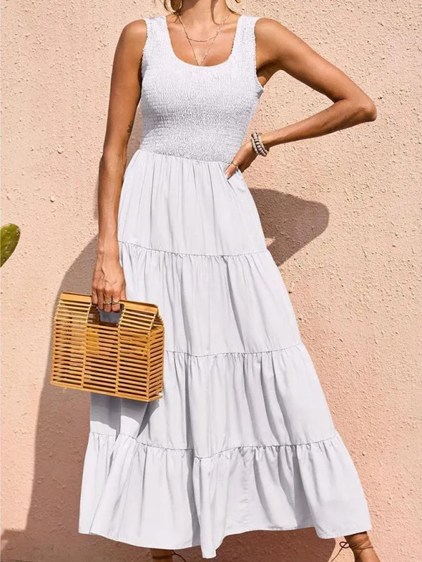 Smocked Bodice Maxi Dress with Tiered Skirt and Pleated Panels