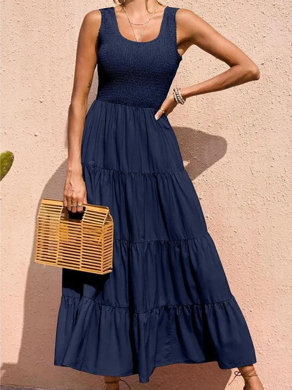 Smocked Bodice Maxi Dress with Tiered Skirt and Pleated Panels