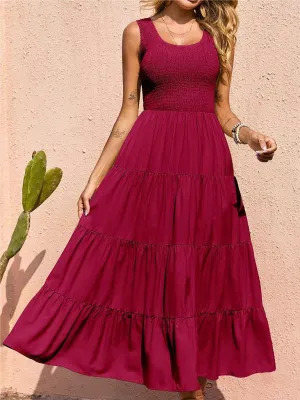 Smocked Bodice Maxi Dress with Tiered Skirt and Pleated Panels