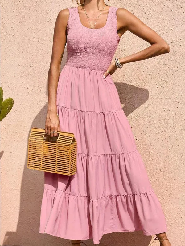 Smocked Bodice Maxi Dress with Tiered Skirt and Pleated Panels