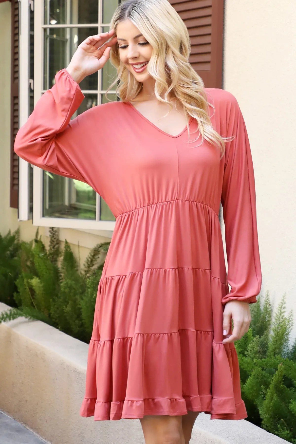 Solid Long Sleeve Tiered Ruffle Dress