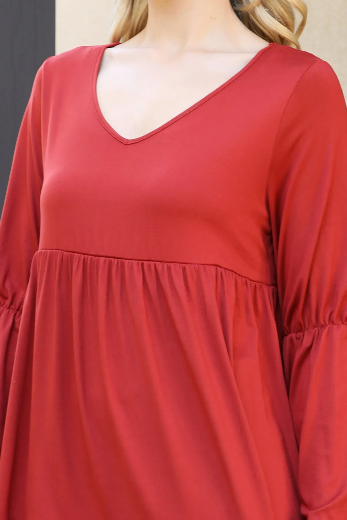 Solid V-Neck Elastic Detail Sleeve Tiered Dress