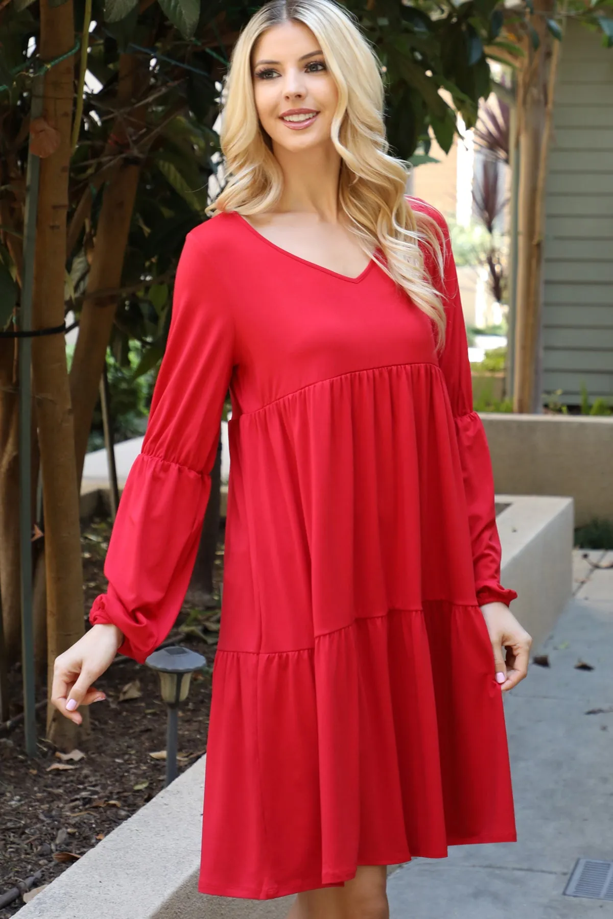 Solid V-Neck Elastic Detail Sleeve Tiered Dress