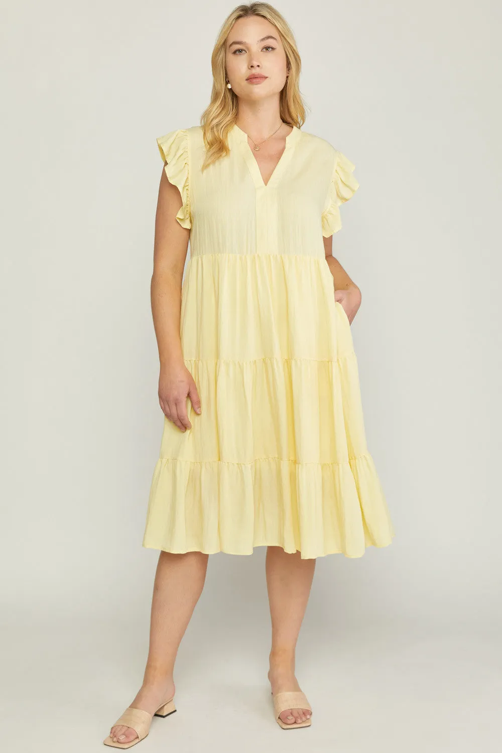 SOLID V NECK TIERED MIDI DRESSS