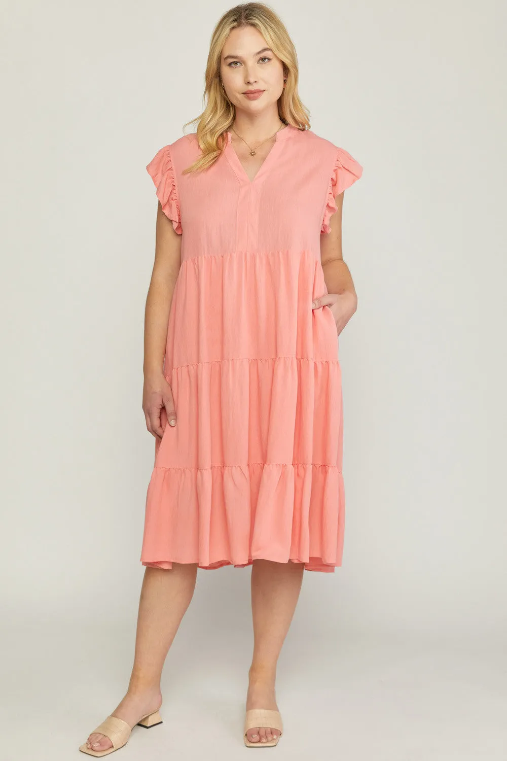 SOLID V NECK TIERED MIDI DRESSS
