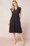 SOLID V NECK TIERED MIDI DRESSS