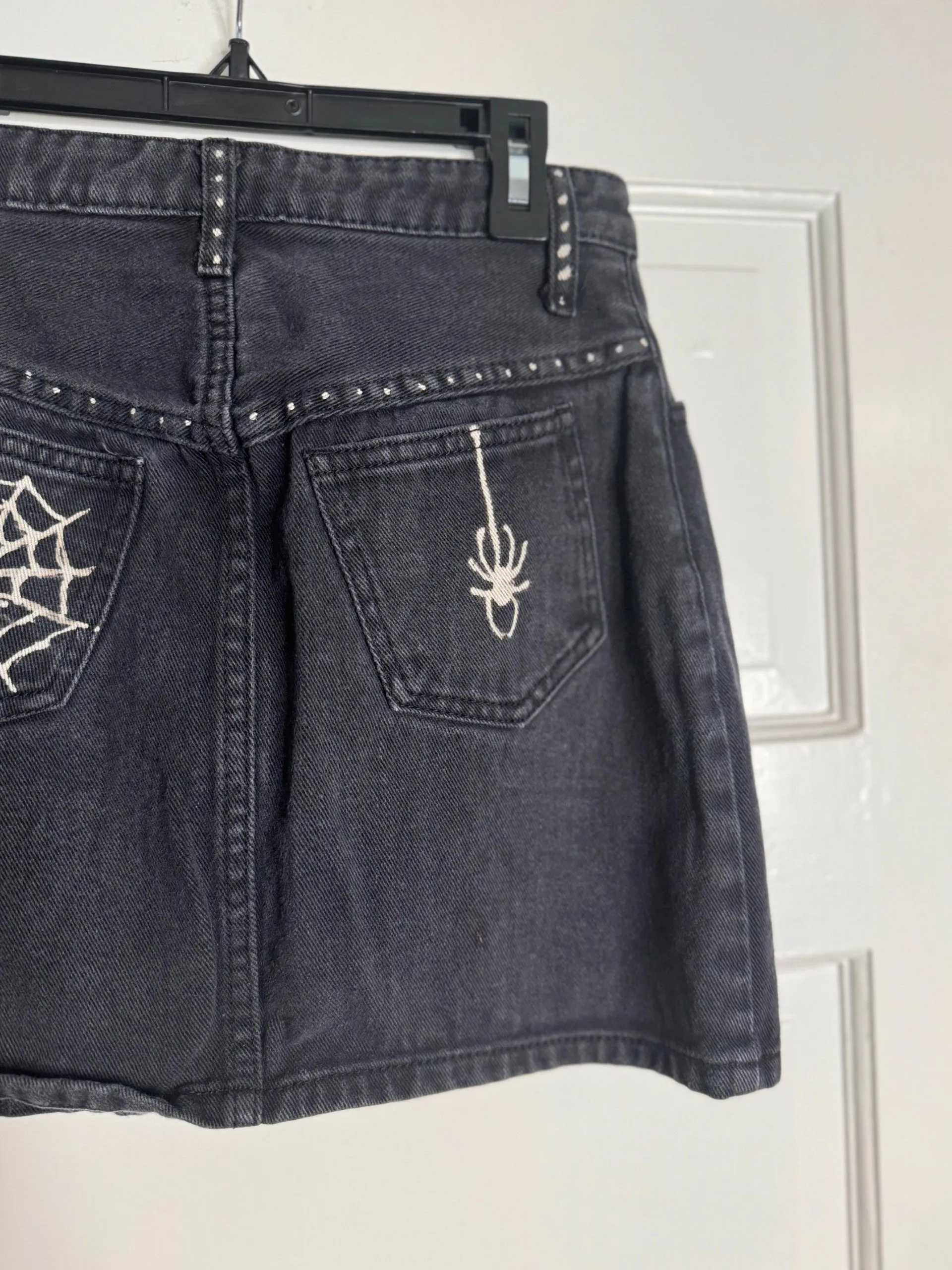 Spider and Web Halloween Hand Bleached Mini Skirt- Repurposed J Galt Half Button  Front Closure Size Small Black