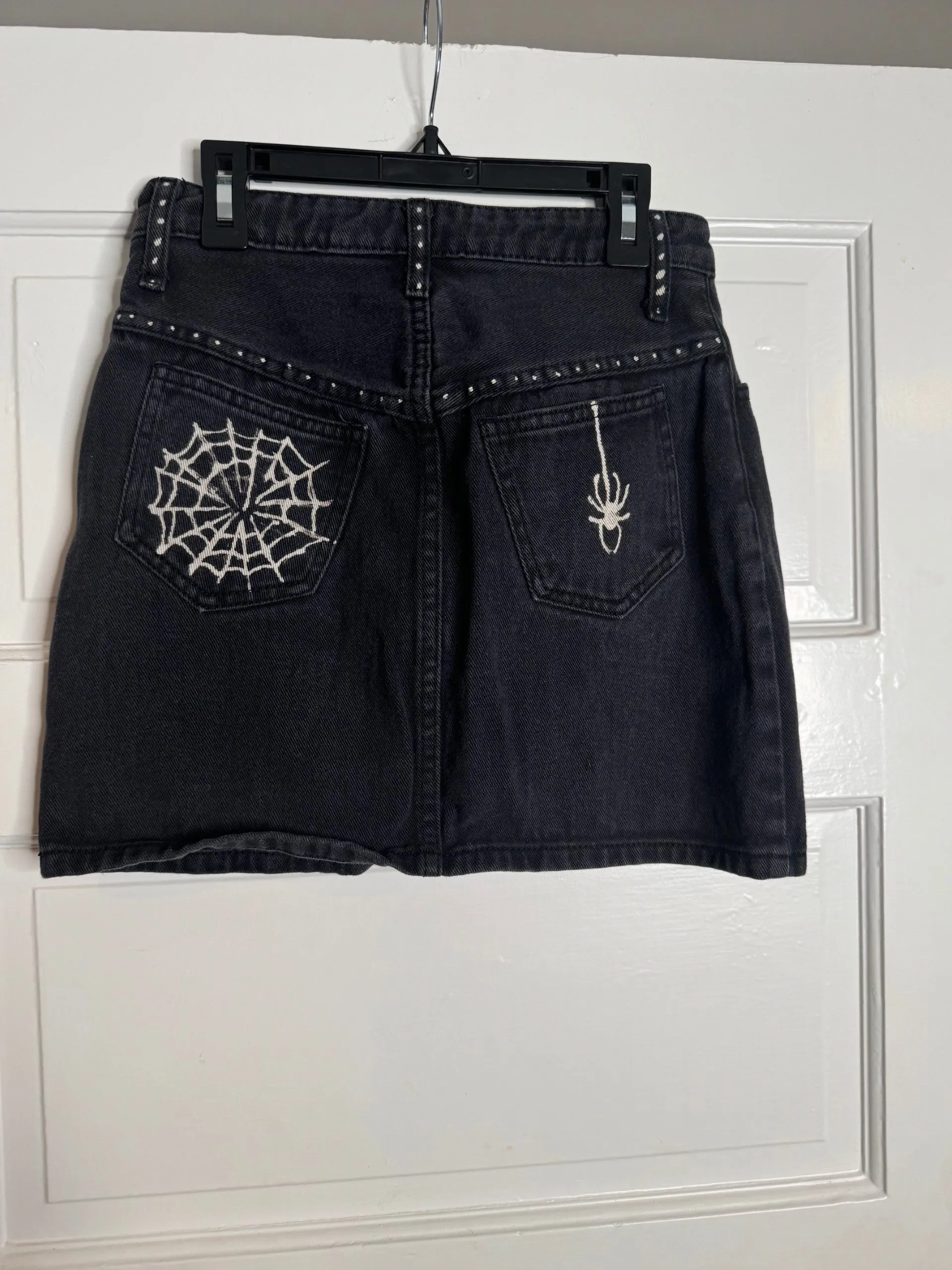 Spider and Web Halloween Hand Bleached Mini Skirt- Repurposed J Galt Half Button  Front Closure Size Small Black