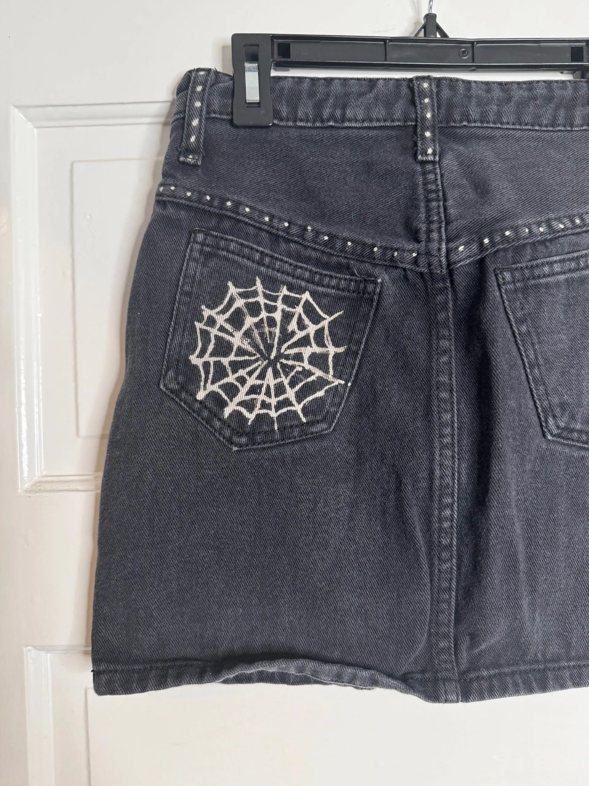 Spider and Web Halloween Hand Bleached Mini Skirt- Repurposed J Galt Half Button  Front Closure Size Small Black