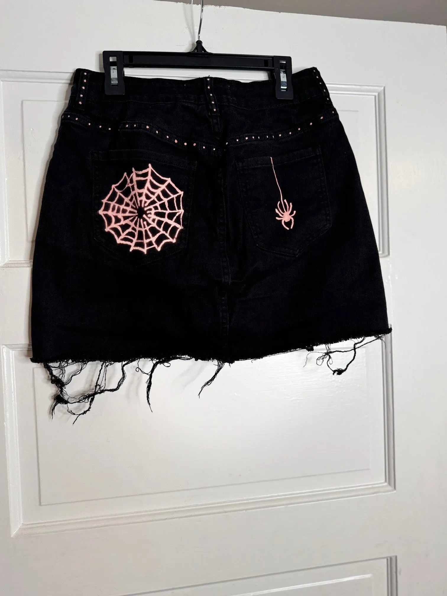 Spider and Web Halloween Hand Bleached Mini Skirt- Repurposed PacSun  Raw Hem Full Front Button Closure Size 1 Black with Red/Orange Hue Bleach