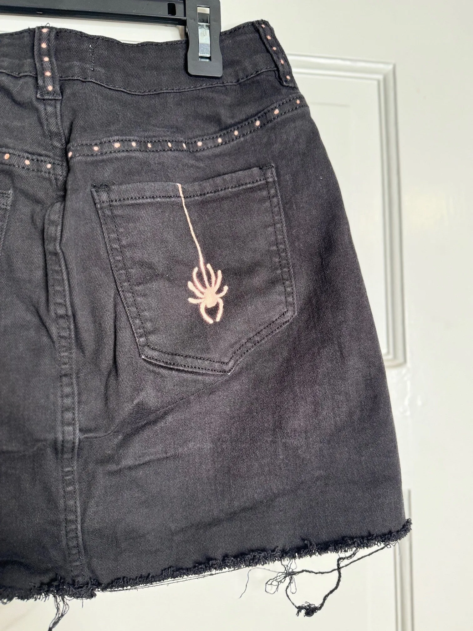 Spider and Web Halloween Hand Bleached Mini Skirt- Repurposed PacSun  Raw Hem Full Front Button Closure Size 1 Black with Red/Orange Hue Bleach