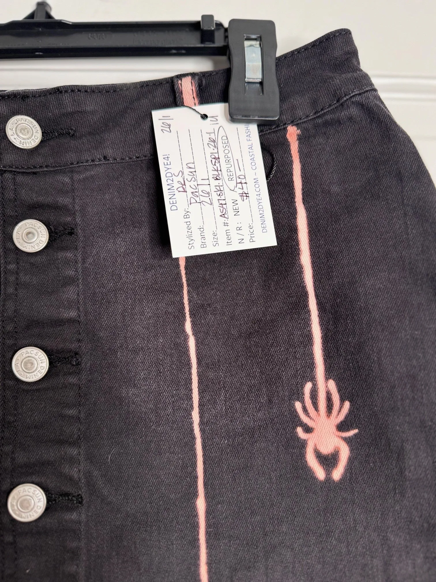 Spider and Web Halloween Hand Bleached Mini Skirt- Repurposed PacSun  Raw Hem Full Front Button Closure Size 1 Black with Red/Orange Hue Bleach