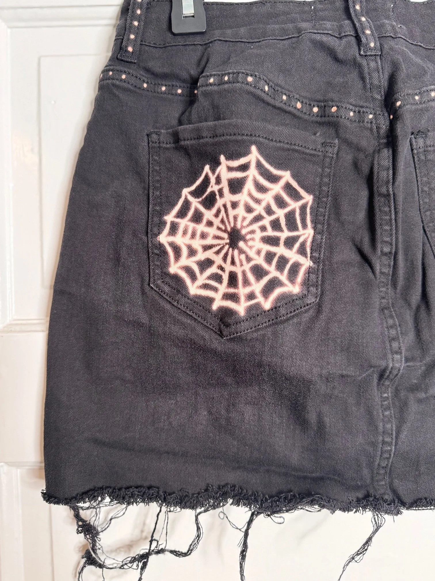 Spider and Web Halloween Hand Bleached Mini Skirt- Repurposed PacSun  Raw Hem Full Front Button Closure Size 1 Black with Red/Orange Hue Bleach