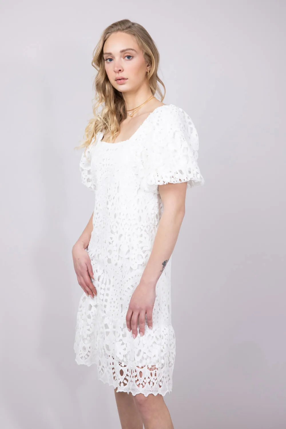 Square Neckline Lace Dress for Women in White | PSD3897-A-IRY
