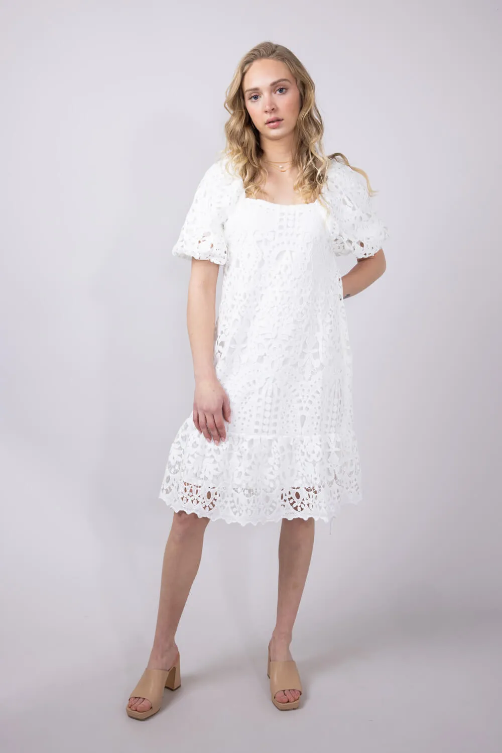 Square Neckline Lace Dress for Women in White | PSD3897-A-IRY