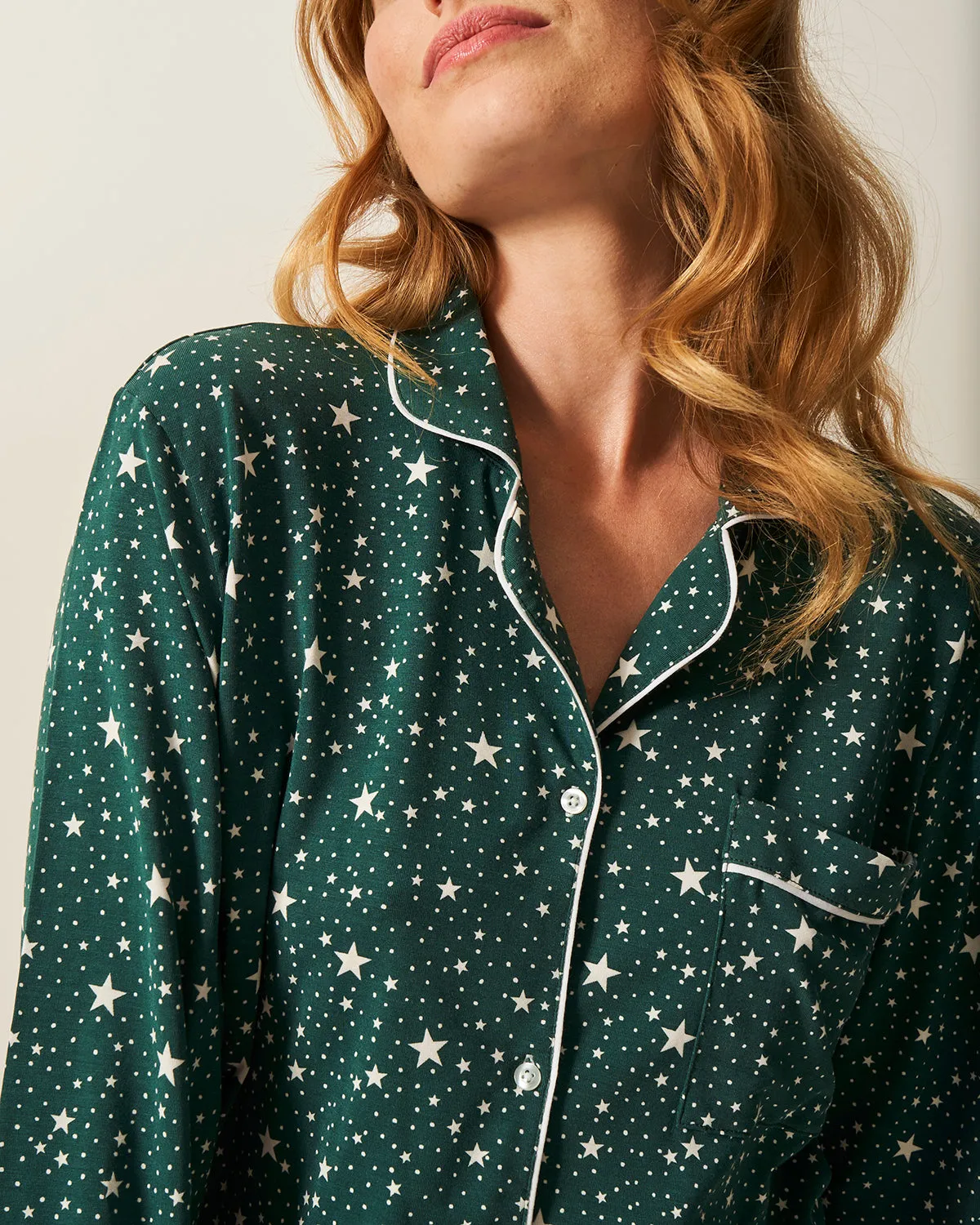 STRIPE & STARE:  LONG PJ SET-FOREST GREEN STARS