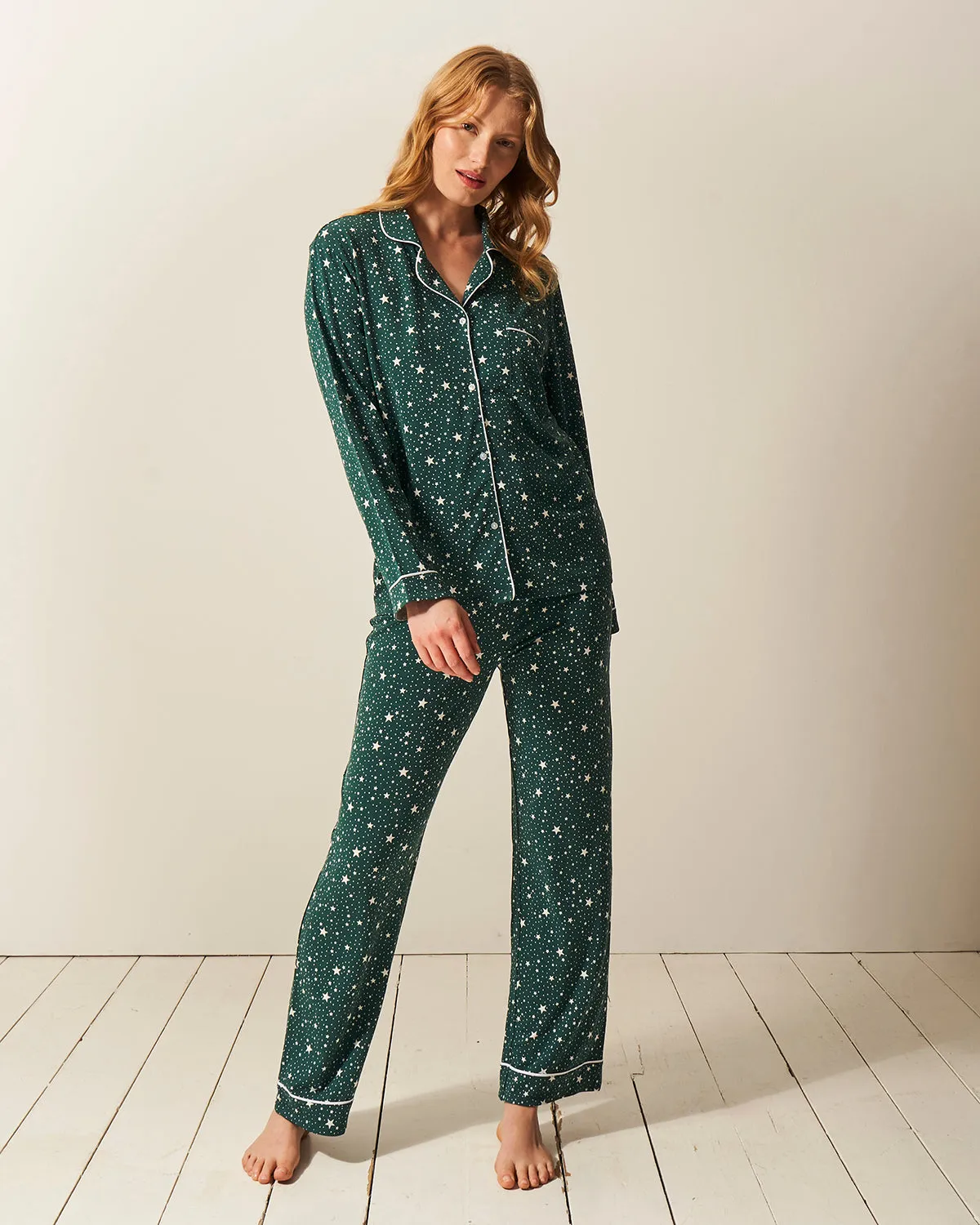 STRIPE & STARE:  LONG PJ SET-FOREST GREEN STARS