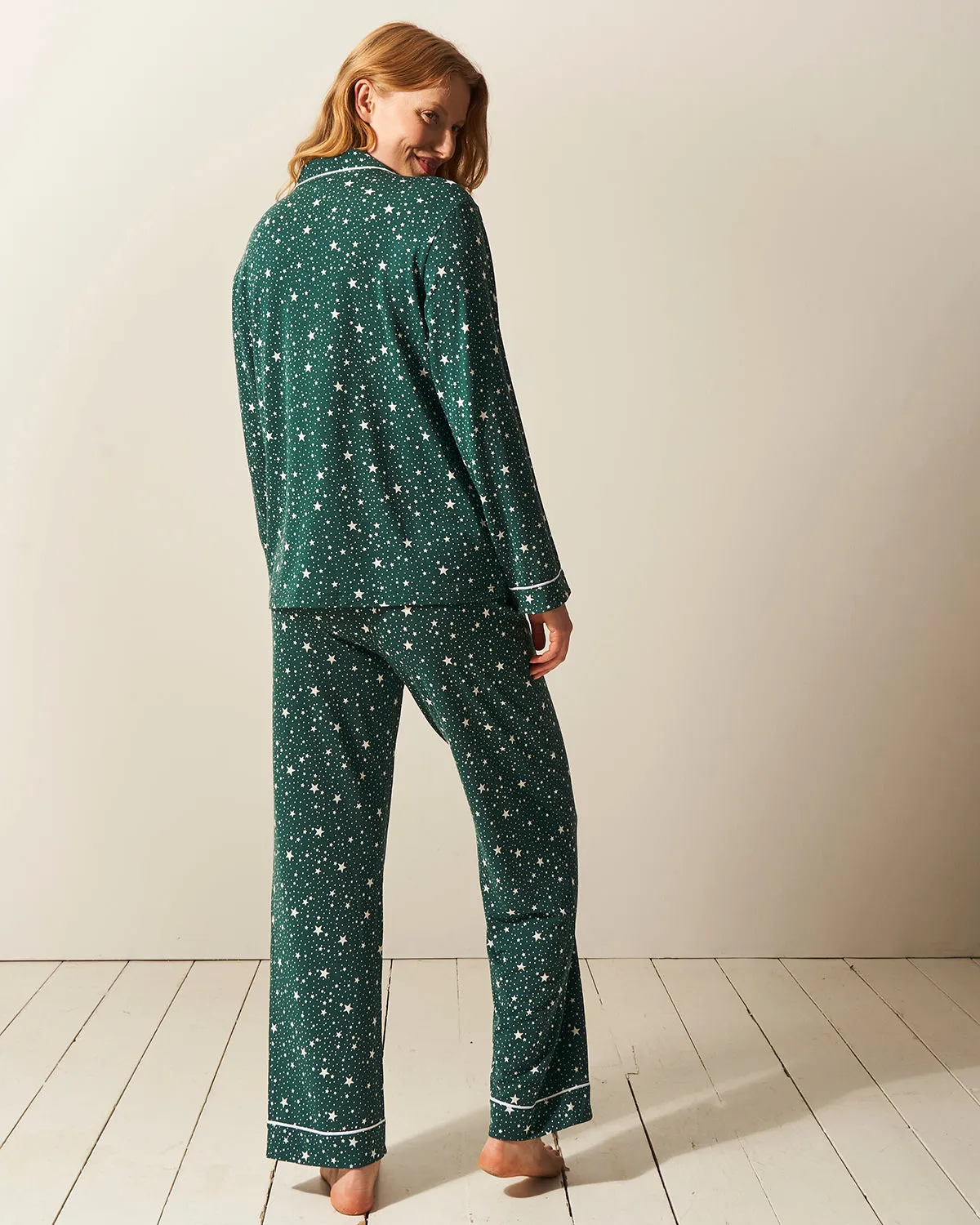 STRIPE & STARE:  LONG PJ SET-FOREST GREEN STARS