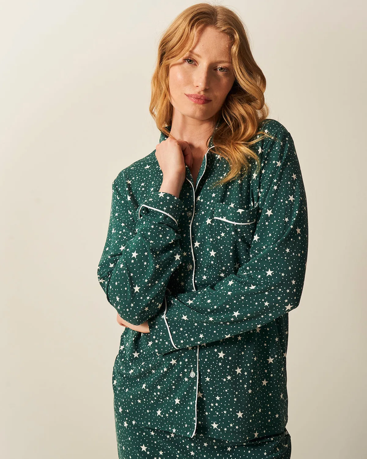 STRIPE & STARE:  LONG PJ SET-FOREST GREEN STARS