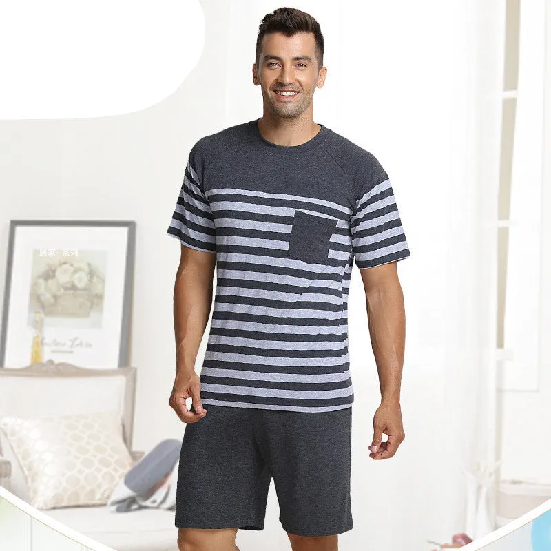Summer Pijama Classic Stripe Lounge Wear Short-sleeve pants Male Pajama Set