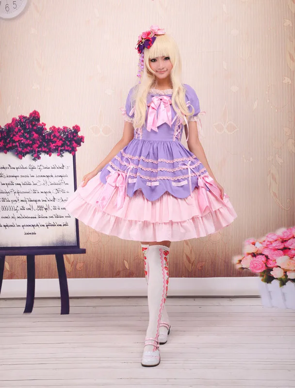Sweet Purple Pink Lolita OP Dress Short Sleeves Layers Bows and Trim