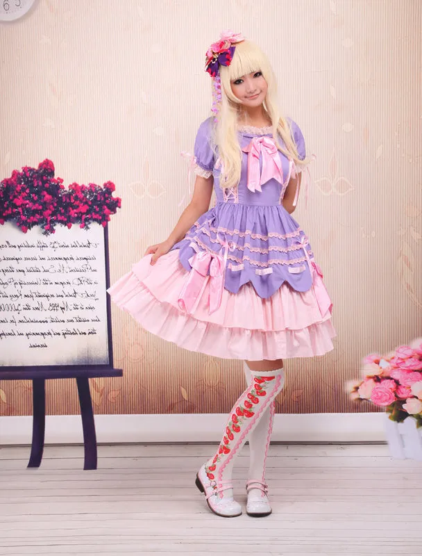 Sweet Purple Pink Lolita OP Dress Short Sleeves Layers Bows and Trim