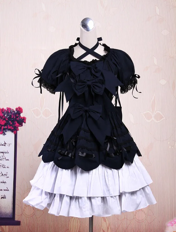 Sweet Purple Pink Lolita OP Dress Short Sleeves Layers Bows and Trim