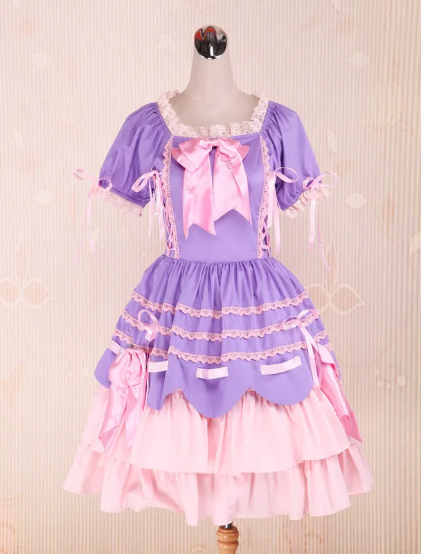 Sweet Purple Pink Lolita OP Dress Short Sleeves Layers Bows and Trim